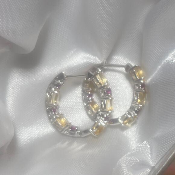 Brazilian Citrine and Rhodolite Garnet Art Deco Hoop Earrings - Picture 4 of 7